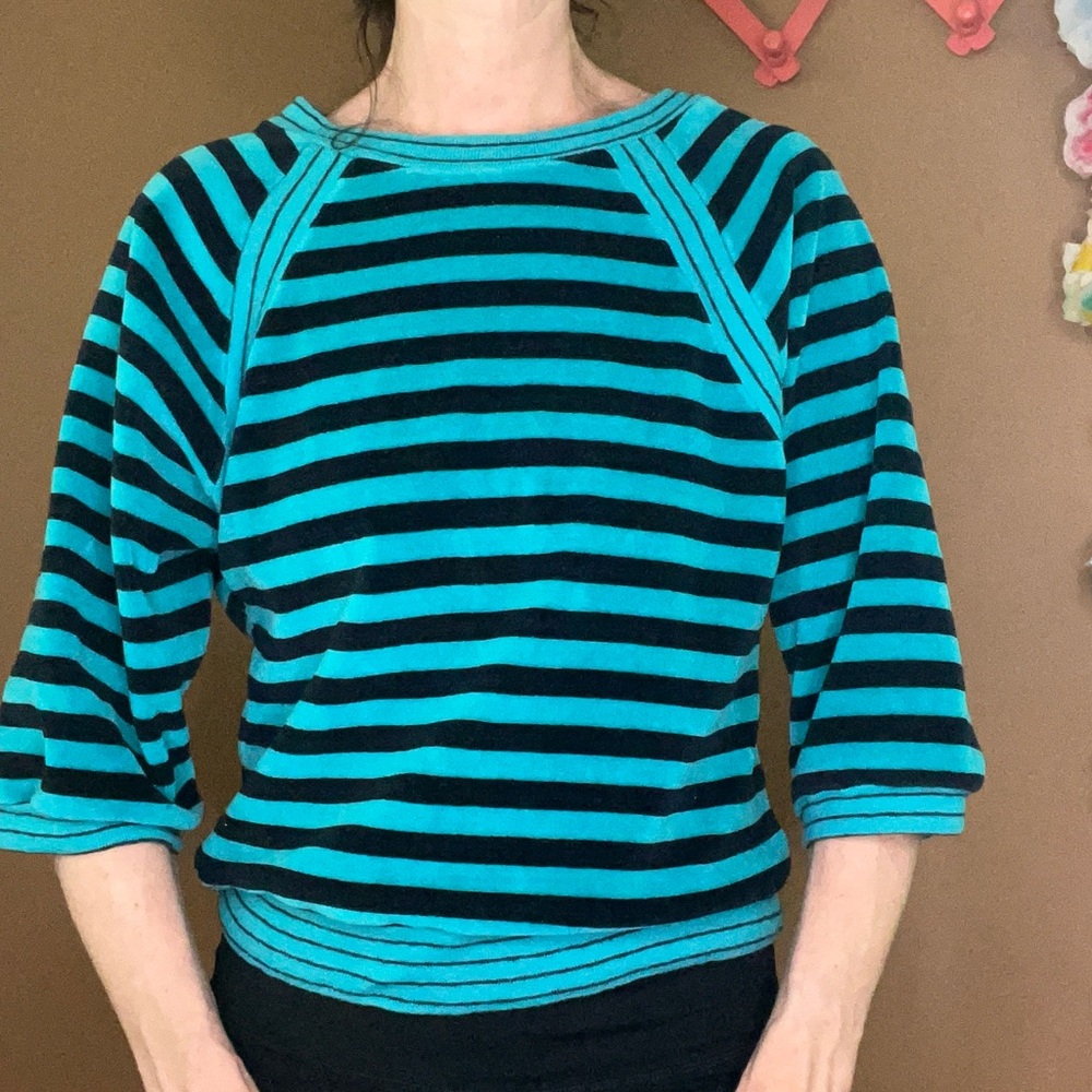 Striped Teal and Black Women's Vintage Terrycloth Top